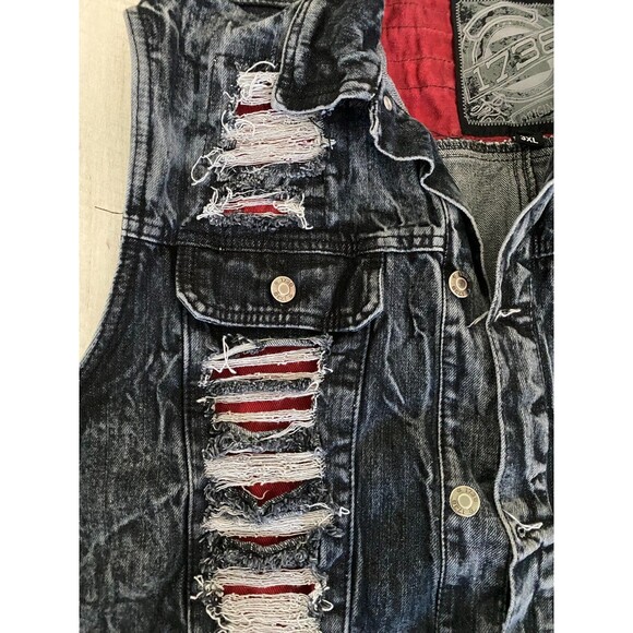 Vtg 1738 Denim Vest Jacket Cotton 3XL Biker Rockabilly Black Shredded Acid Wash - Picture 4 of 8